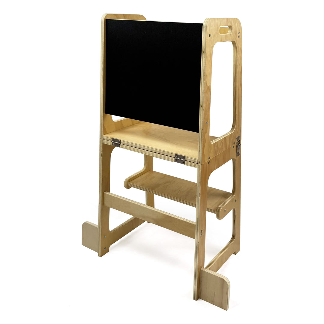 ORIGIN 3-in-1 Wooden Kitchen Helper in natural wood finish — child learning tower with sturdy frame and step platform.