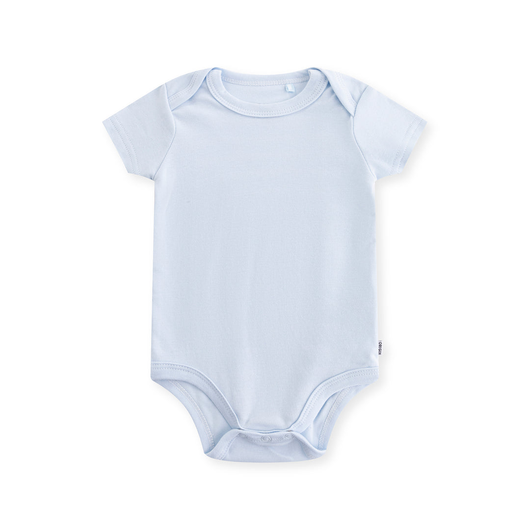 ORIGIN short sleeved baby bodysuit in solid blue with dome closure
