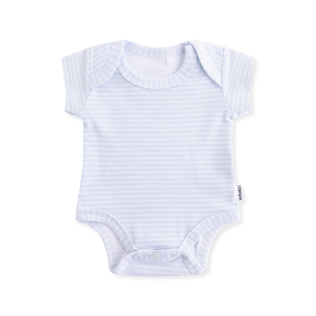 ORIGIN short sleeved baby bodysuit in blue and white stripe with dome closure