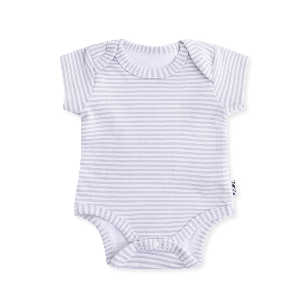 ORIGIN short sleeved baby bodysuit in grey and white stripe with dome closure
