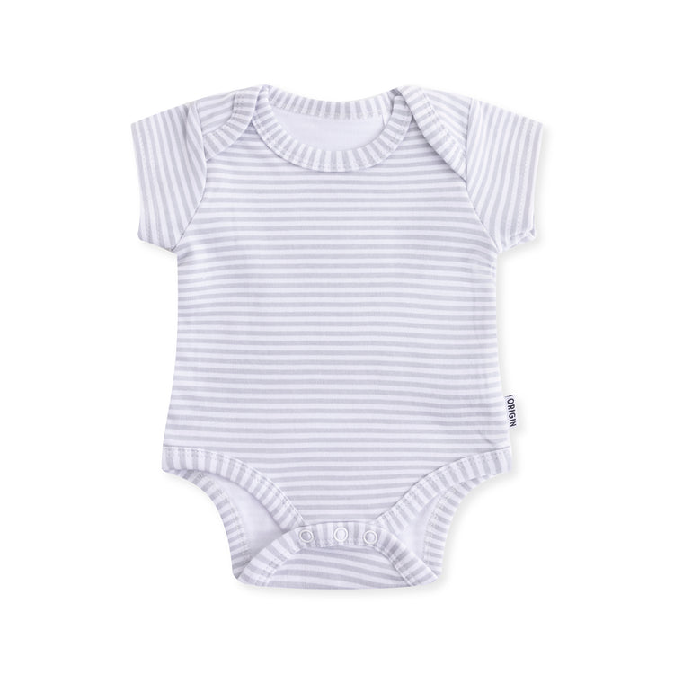 ORIGIN short sleeved baby bodysuit in grey and white stripe with dome closure