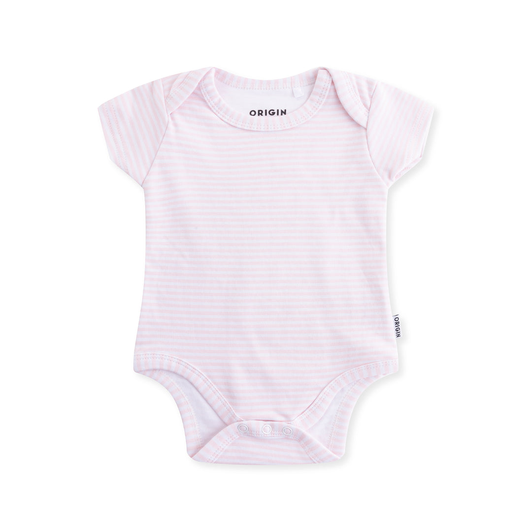 ORIGIN short sleeved baby bodysuit in pink and white stripe with dome closure