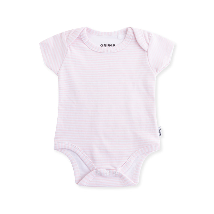 ORIGIN short sleeved baby bodysuit in pink and white stripe with dome closure