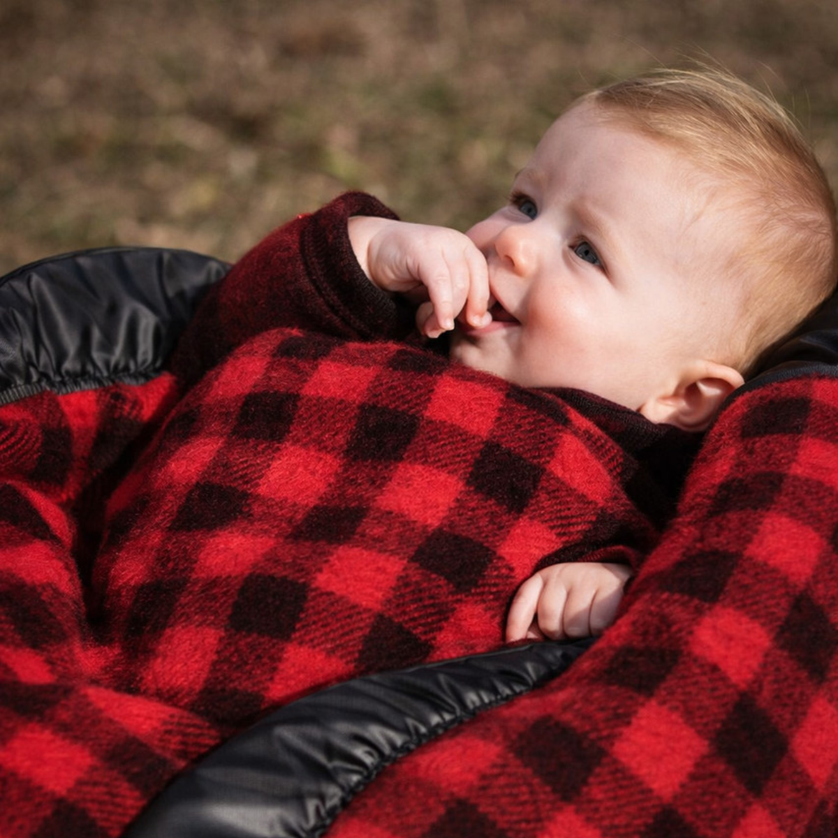baby wrapped in Red/Black Swanndri Buggy Blanket
