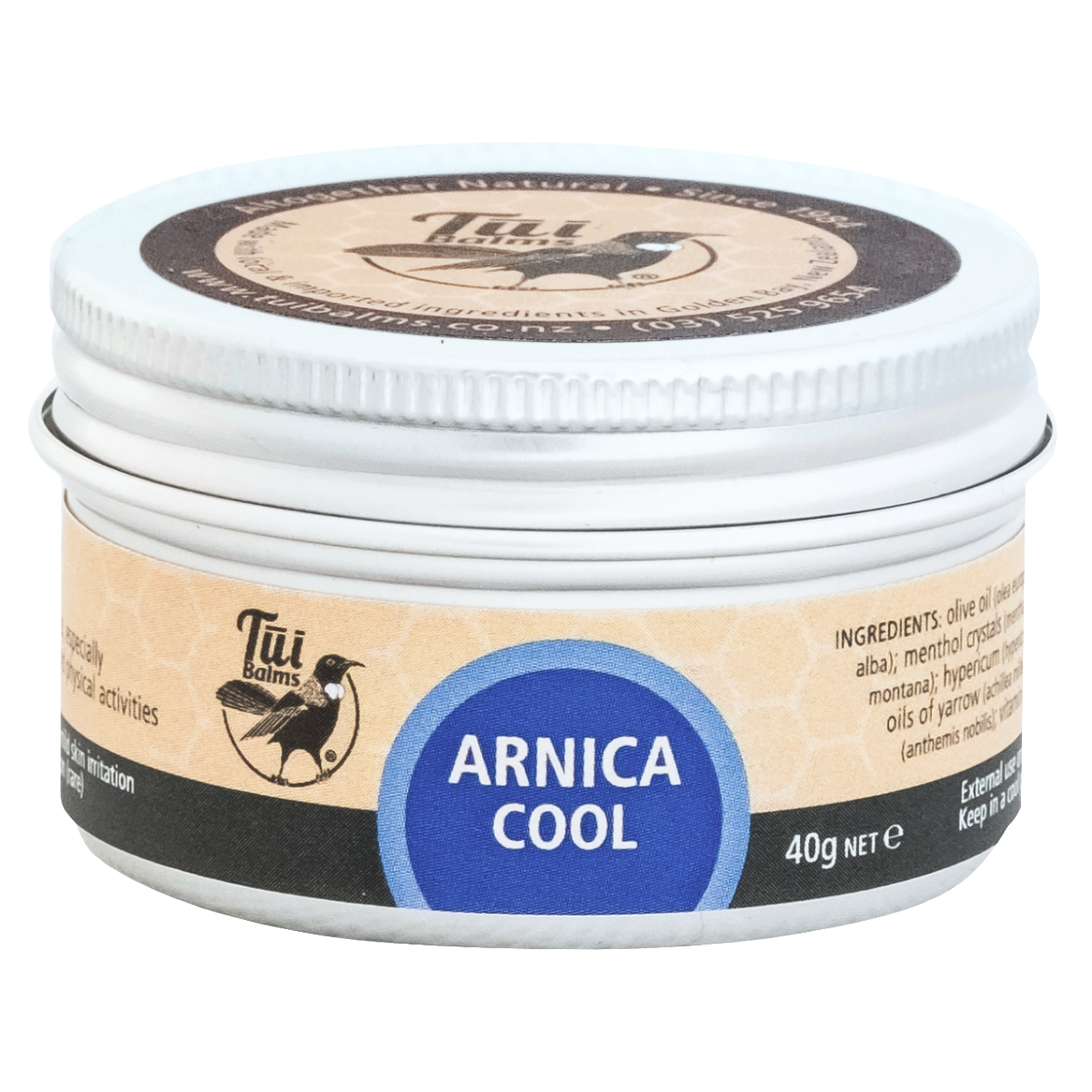 Jar of Arnica Cool cream with Tui Salms branding on a white background