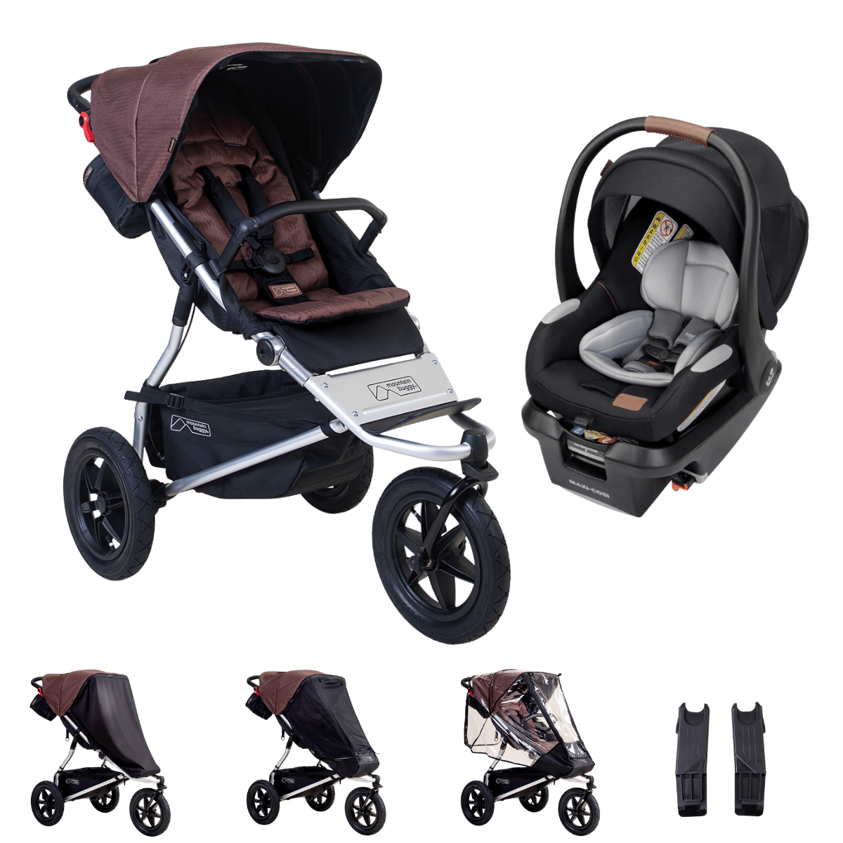 Hero image of the mountain buggy urban jungle and maxi-cosi mico luxe plus bundle shown with the covers and car sear adaptors that are included