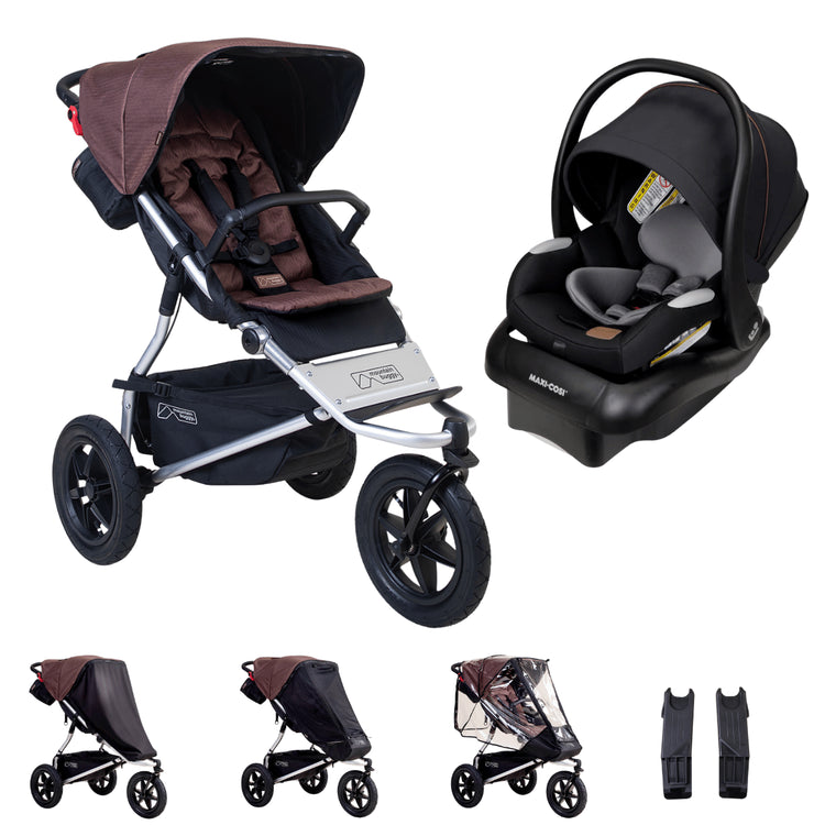 Hero image of the mountain buggy urban jungle and maxi-cosi mico luxe bundle shown with the covers and car sear adaptors that are included