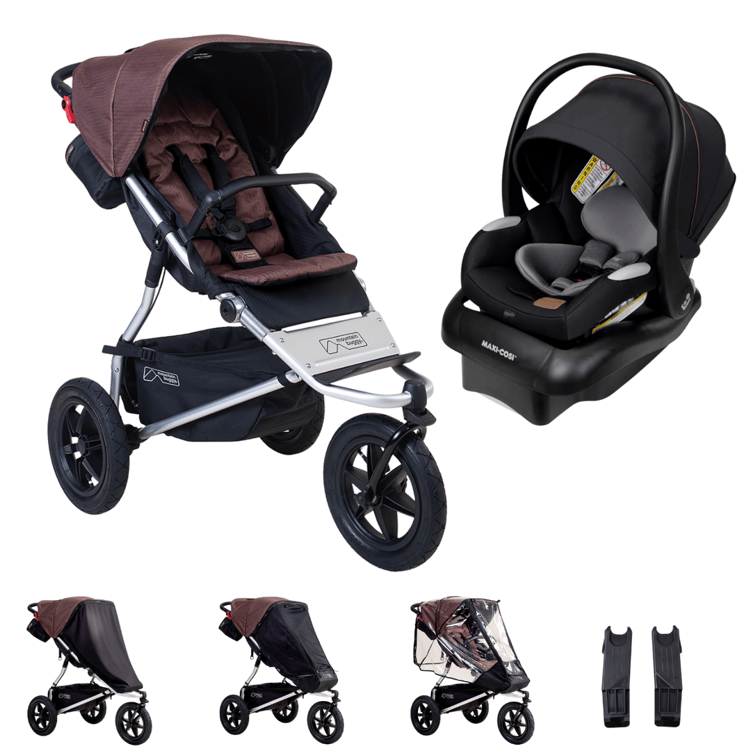 Hero image of the mountain buggy urban jungle and maxi-cosi mico luxe bundle shown with the covers and car sear adaptors that are included