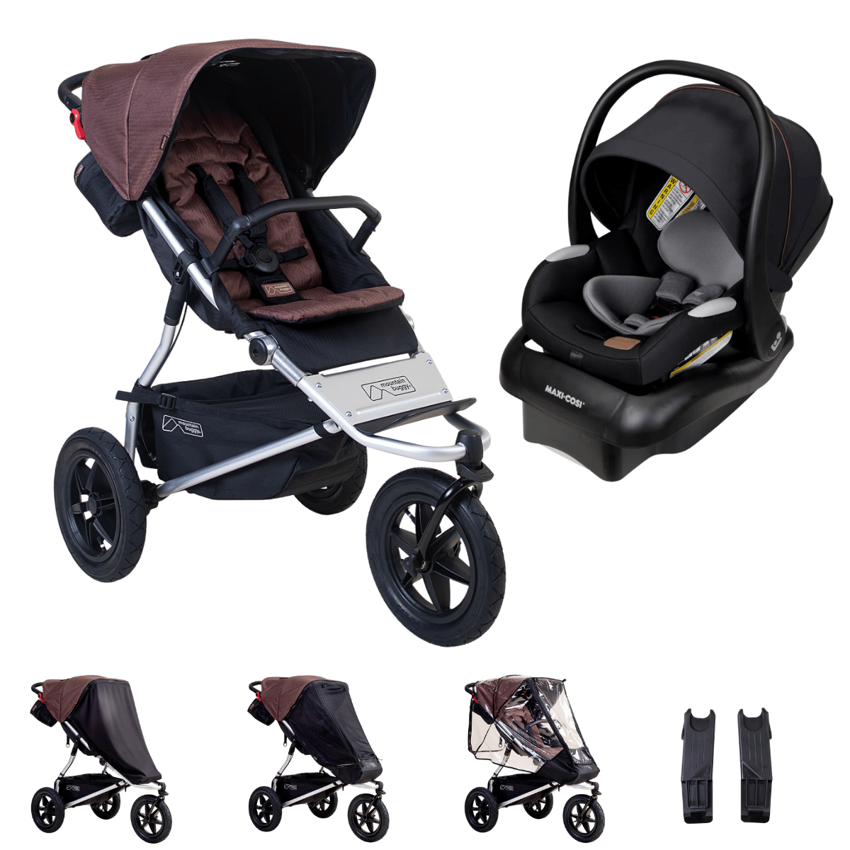 Hero image of the mountain buggy urban jungle and maxi-cosi mico luxe bundle shown with the covers and car sear adaptors that are included