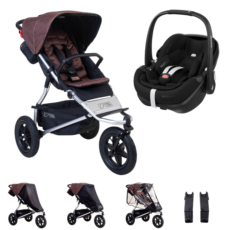 Hero image of the mountain buggy urban jungle and maxi-cosi pebble 360 bundle shown with the covers and car sear adaptors that are included