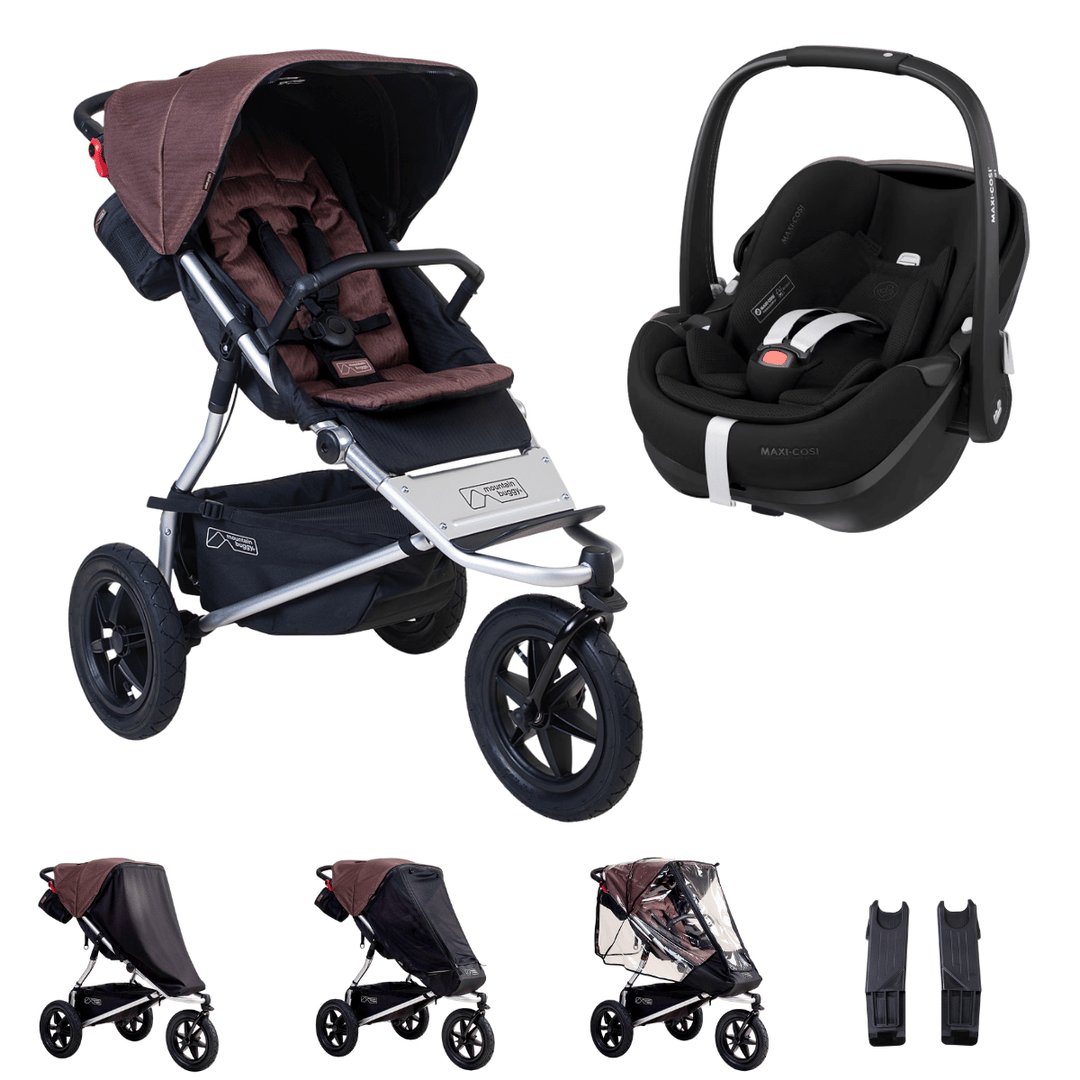 Hero image of the mountain buggy urban jungle and maxi-cosi pebble 360 bundle shown with the covers and car sear adaptors that are included