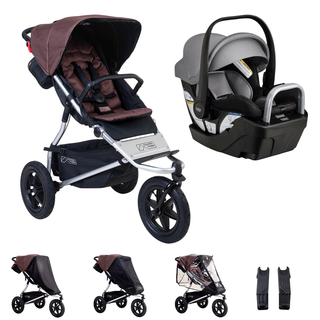 Hero image of the mountain buggy urban jungle and britax willow s bundle shown with the covers and car sear adaptors that are included