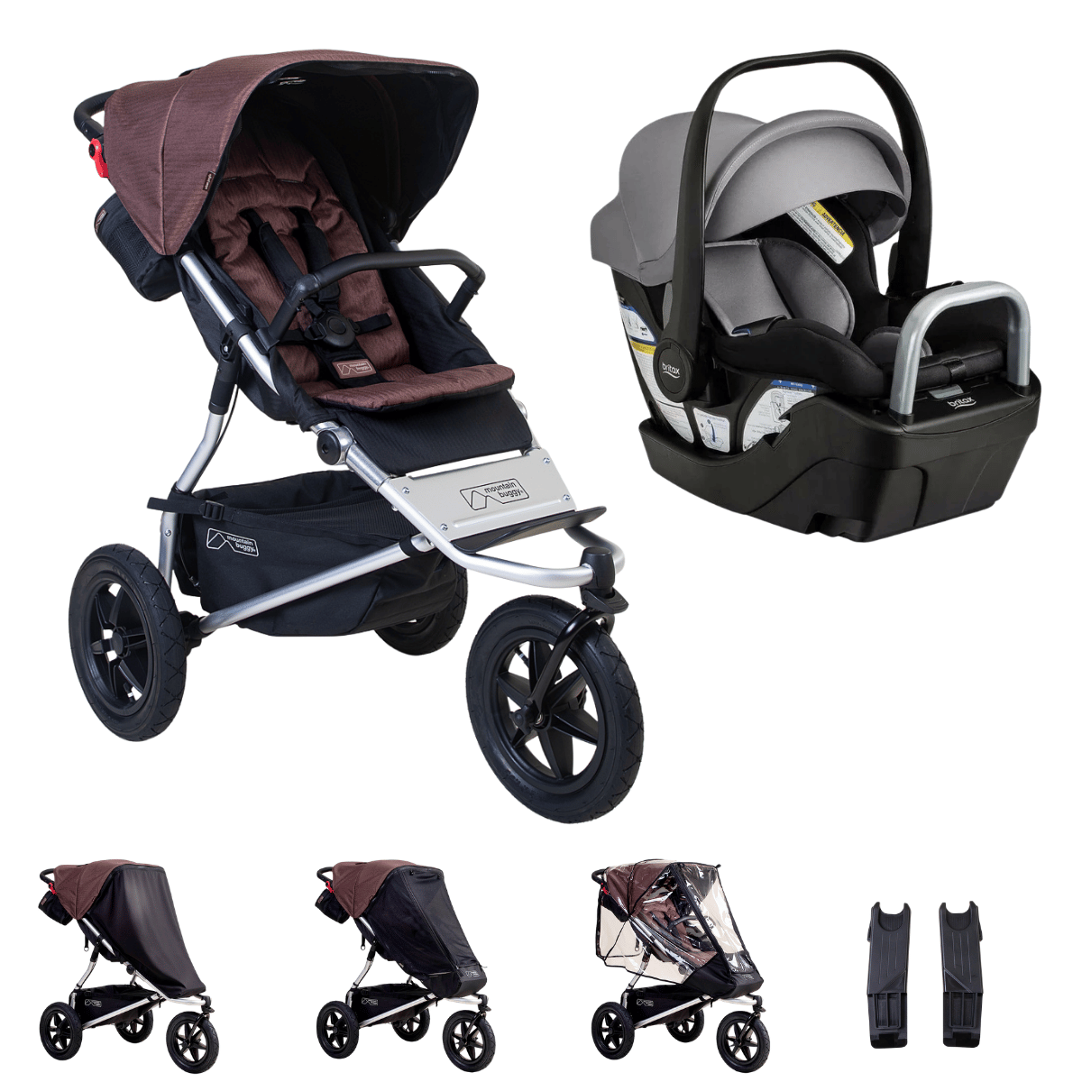 Hero image of the mountain buggy urban jungle and britax willow s bundle shown with the covers and car sear adaptors that are included