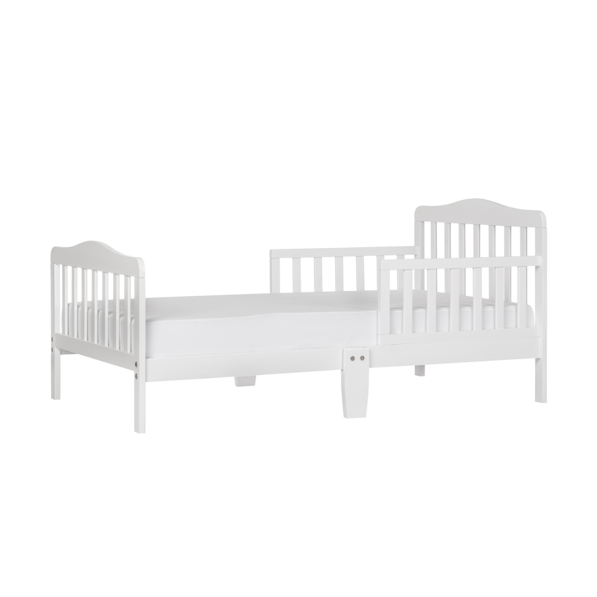 Alternate side view of ORIGIN Kea Toddler Bed in white with low-to-floor design and safety side rail.