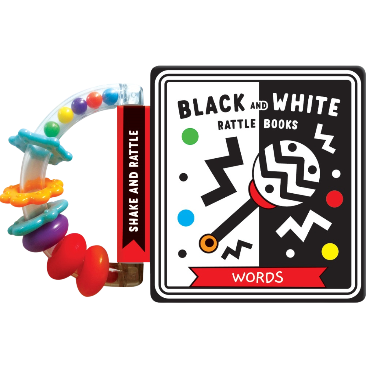 Black & White Words Rattle Book from Blue Duck Books NZ stock babycity