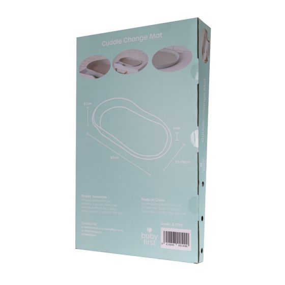 Back of box packaging of 'Cuddle Change Mat' with illustrations on a light blue background.