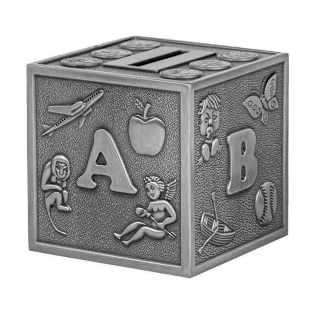 Landmark Pewter Plate ABC Money Box – pewter-finish alphabet-engraved baby money bank keepsake.
