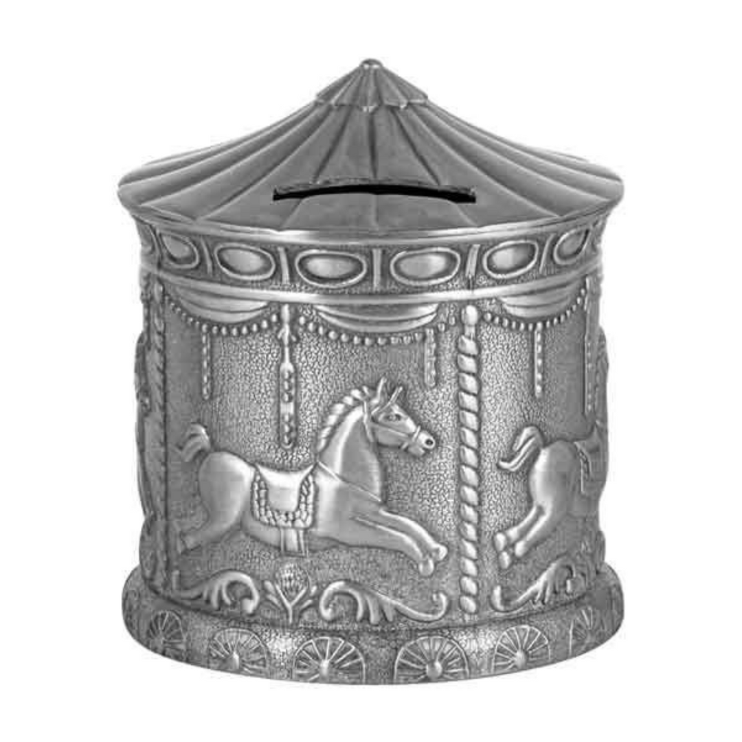 Landmark Pewter Plate Carousel Money Box – pewter-finish carousel-themed baby money bank keepsake.