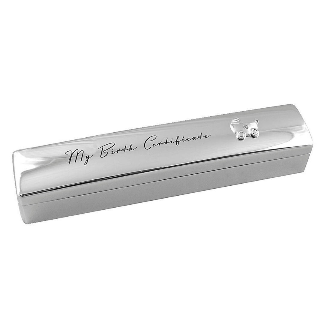 Landmark Silver Birth Certificate Holder with Engraving – silver-plated personalised birth certificate keepsake.