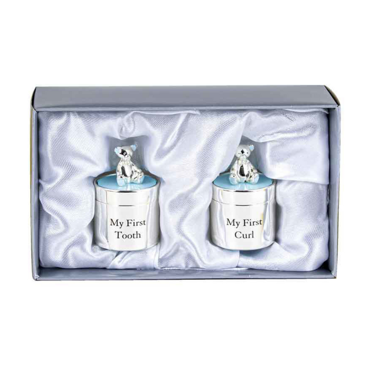 Landmark Silver Plate My First Tooth and Curl Box with blue top – silver-finish keepsake box for baby’s first tooth and first curl.