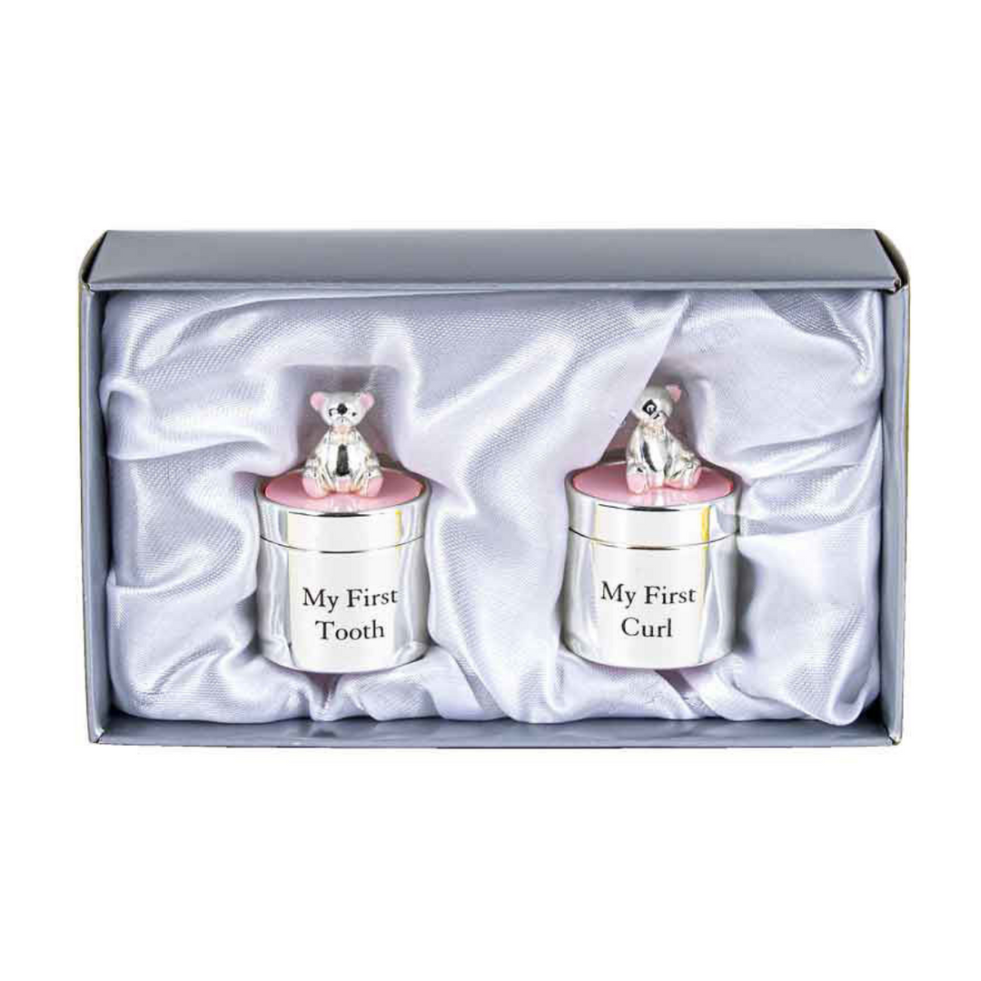 Landmark Silver Plate My First Tooth and Curl Box with pink top – silver-finish keepsake box for baby’s first tooth and first curl.
