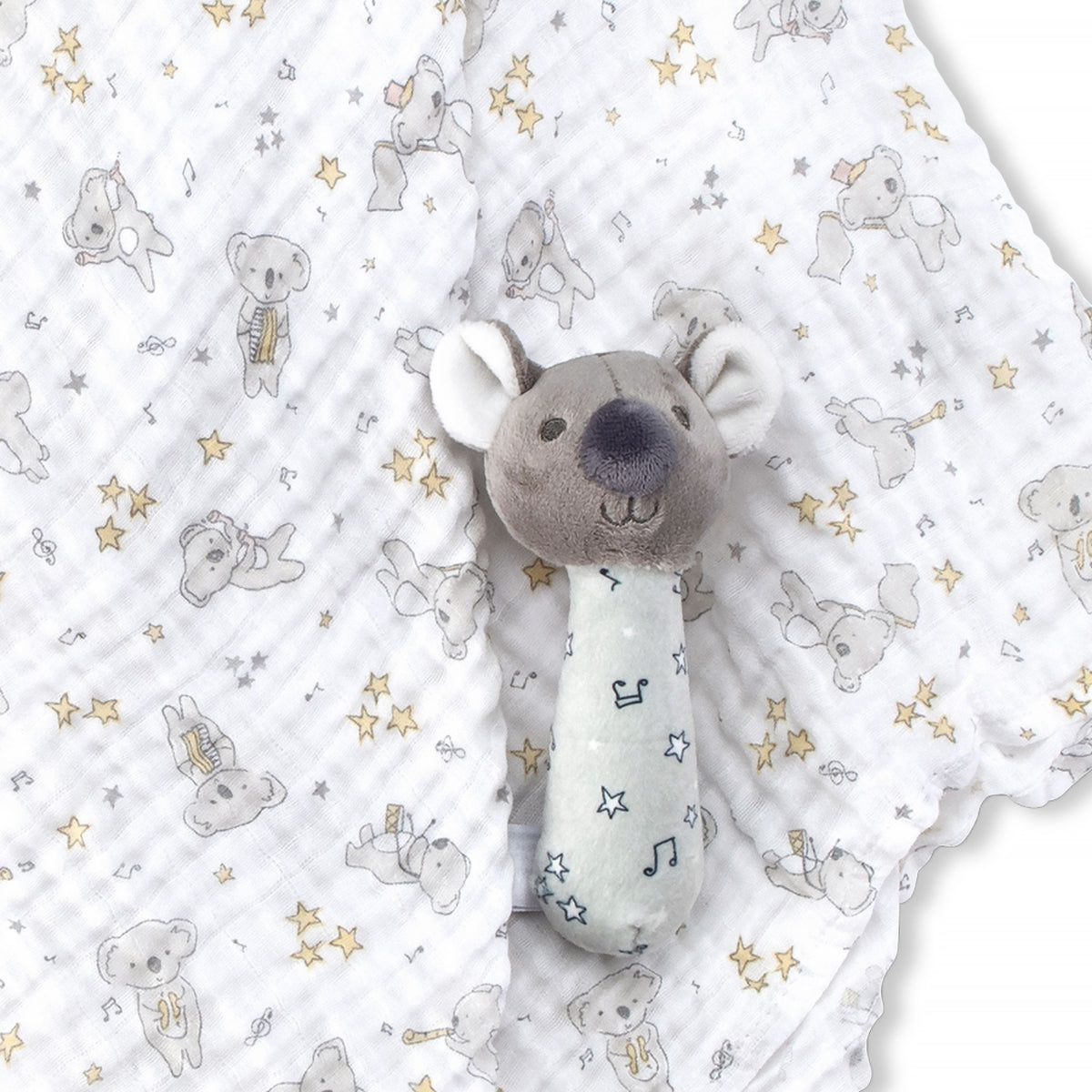 Little Linen Muslin Wrap & Crinkle Toy Cheeky Koala White from Little Linen NZ stock babycity