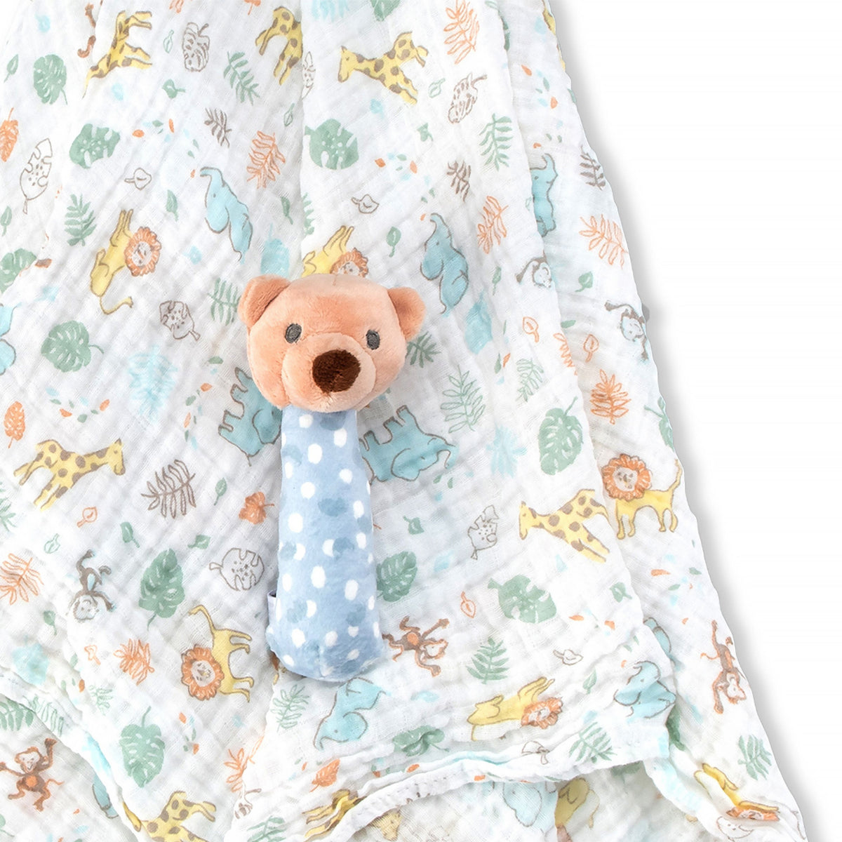 Little Linen Muslin Wrap & Crinkle Toy Safari Bear Blue from Little Linen NZ stock babycity