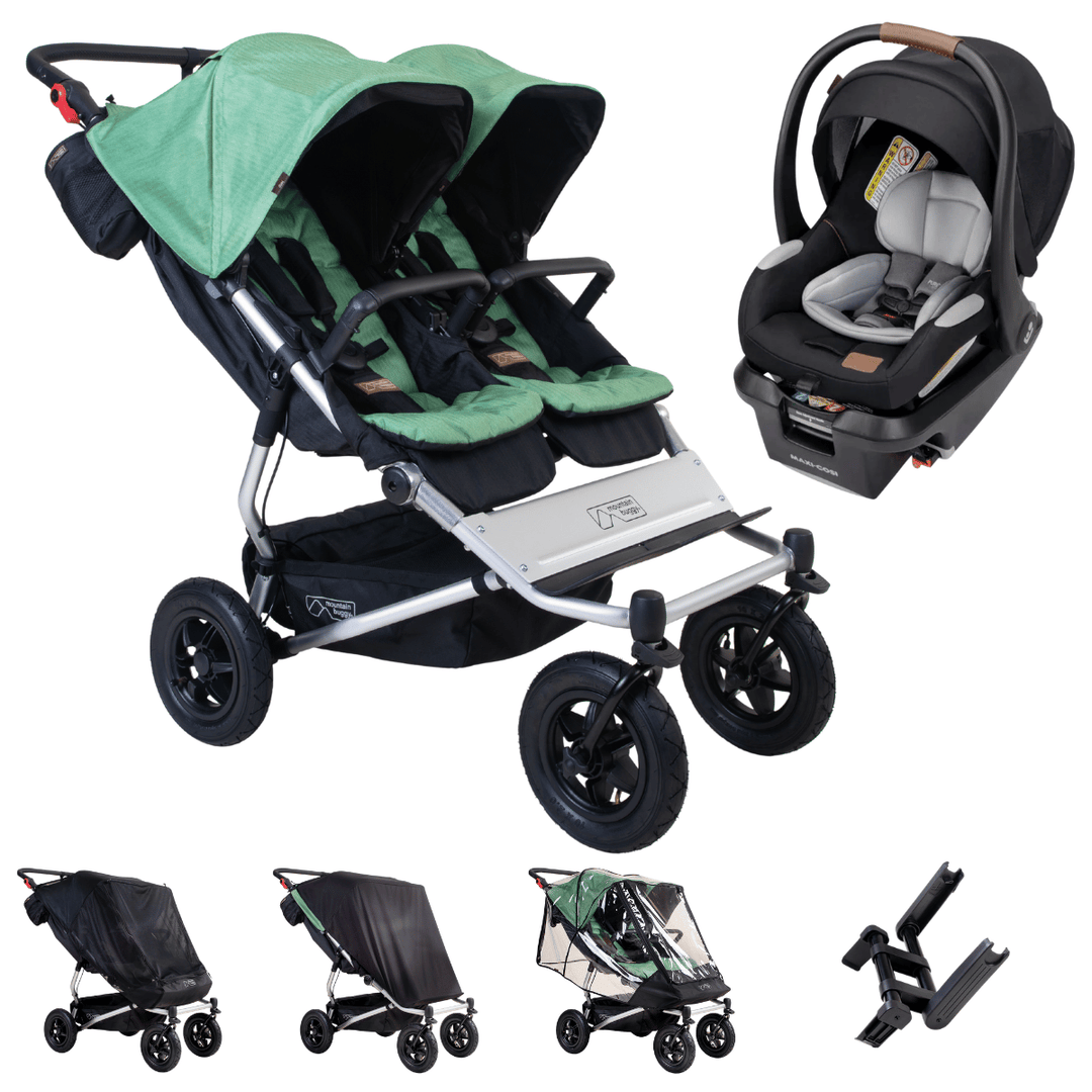 Hero image of the duet and maxi-cosi mico luxe plus bundle shown with the covers and car sear adaptors that are included