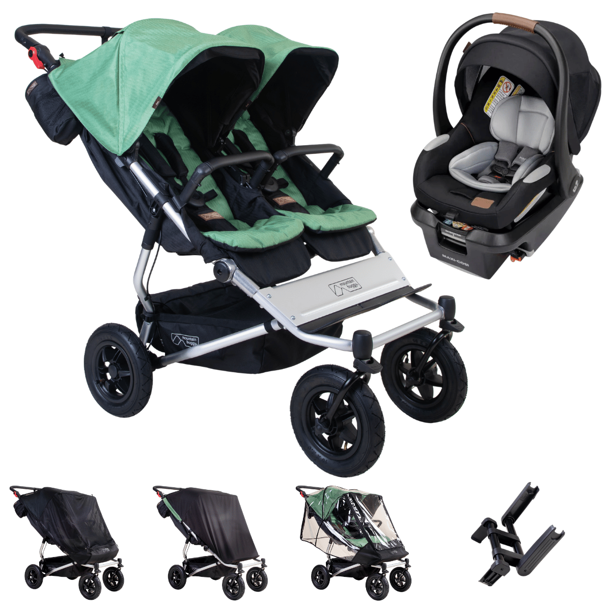 Hero image of the duet and maxi-cosi mico luxe plus bundle shown with the covers and car sear adaptors that are included