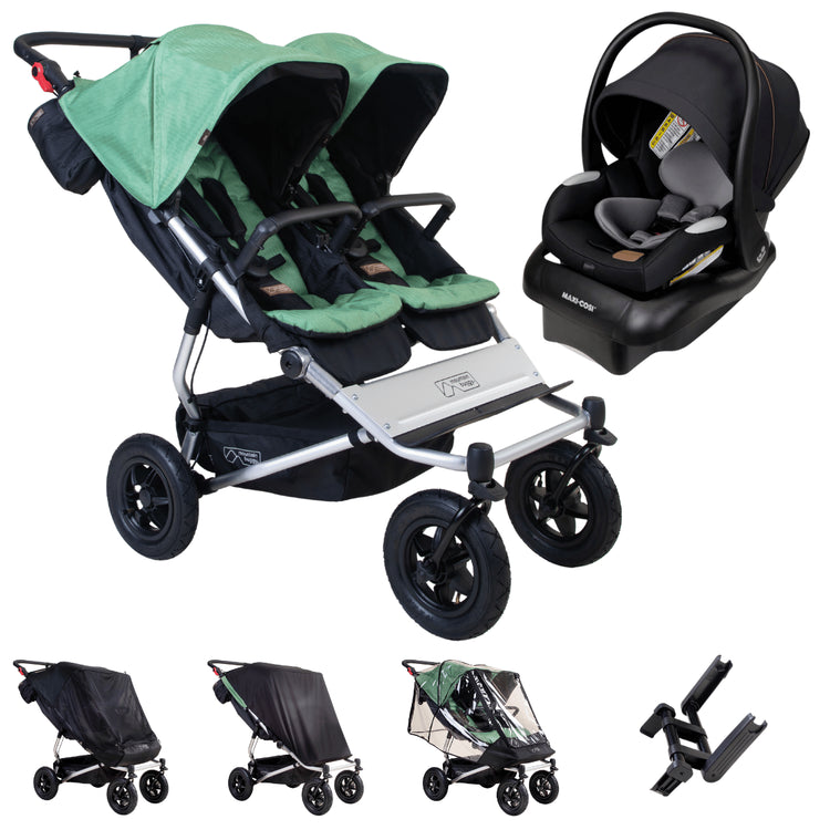 Hero image of the duet and maxi-cosi mico luxe bundle shown with the covers and car sear adaptors that are included