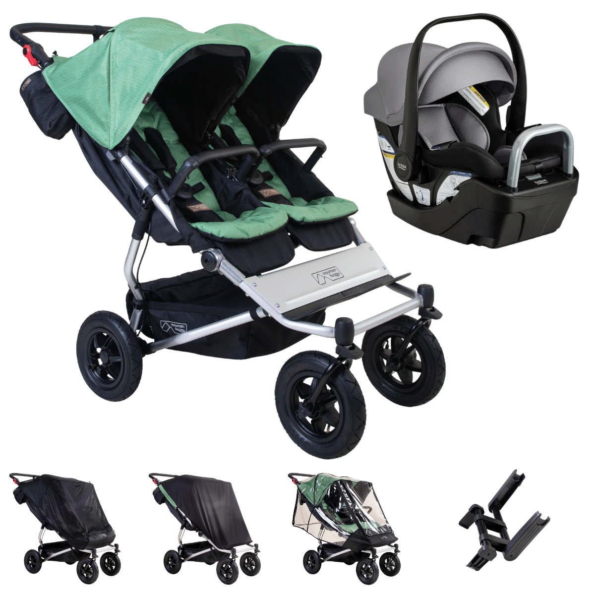 Hero image of the duet and britax willow s bundle shown with the covers and car sear adaptors that are included