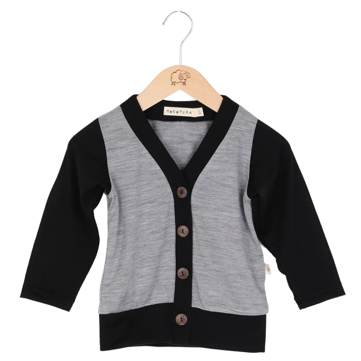 Mokopuna Merino Cardi - Mist/Black Mist Black from Mokopuna NZ stock babycity