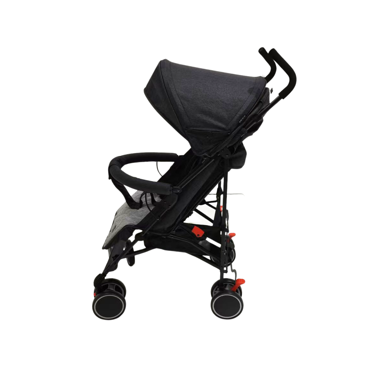 Side view of black stroller with four wheels and sun shade with a white background