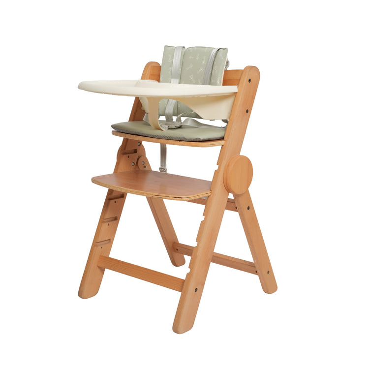ORIGIN Camoline Wooden Highchair baby set installed with supportive harness and white tray.