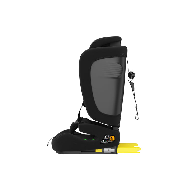 Side view of Origin Kauri V2 booster seat showing installation instruction labels and harness strap panel