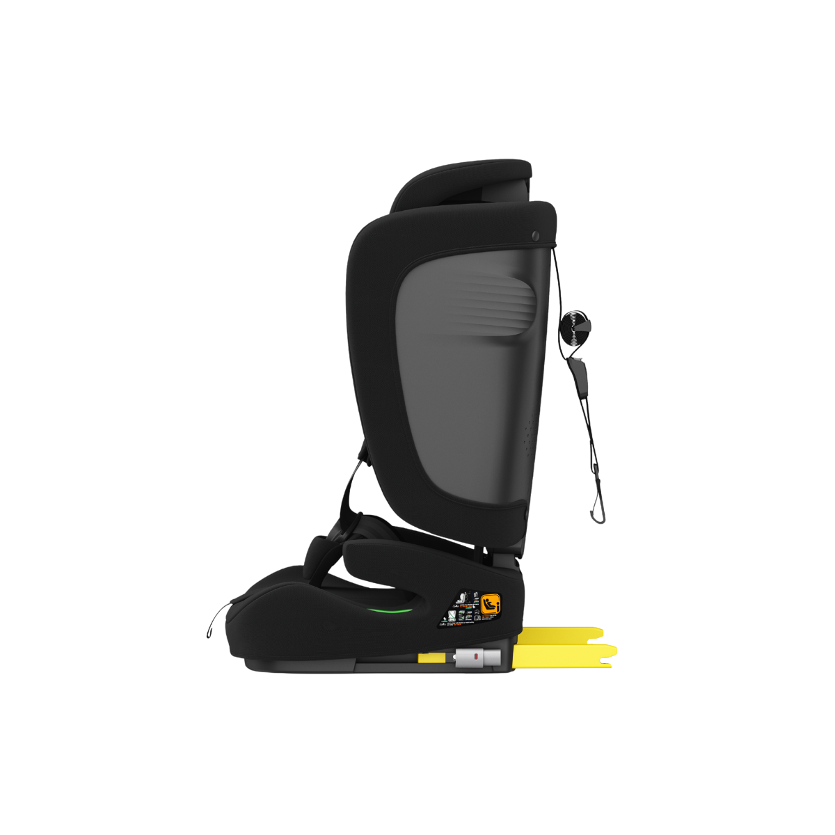 Side view of Origin Kauri V2 booster seat showing installation instruction labels and harness strap panel
