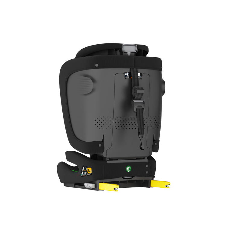 Side view of Origin Kauri V2 booster seat showing installation instruction labels and harness strap pane