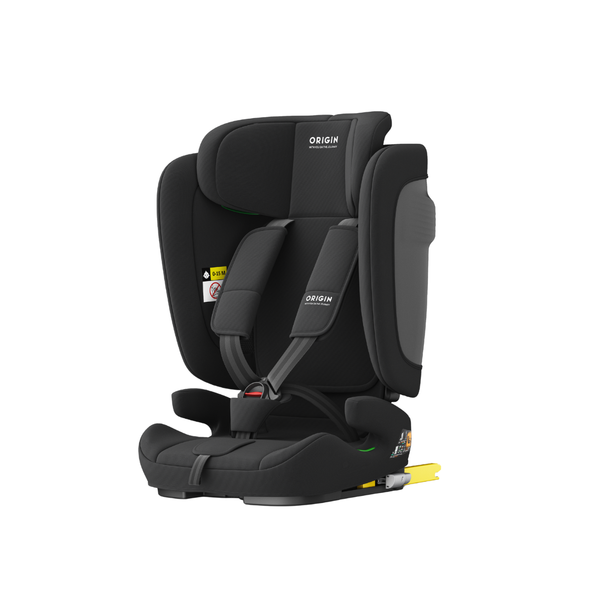 Angled view of Origin Kauri V2 ISOFIX harnessed booster seat showing seat contours and side protection