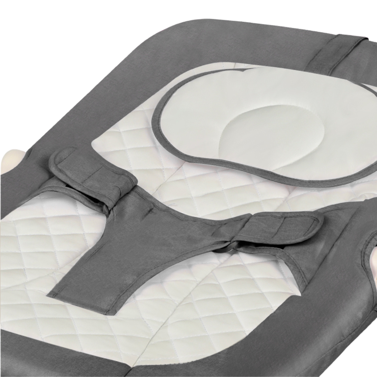 Close-up of ORIGIN Musical Swing Bouncer showing cushioned seat in gray and white.