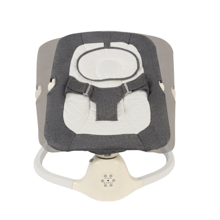 ORIGIN Musical Swing Bouncer baby swing control panel showing 5 speed settings and music options.