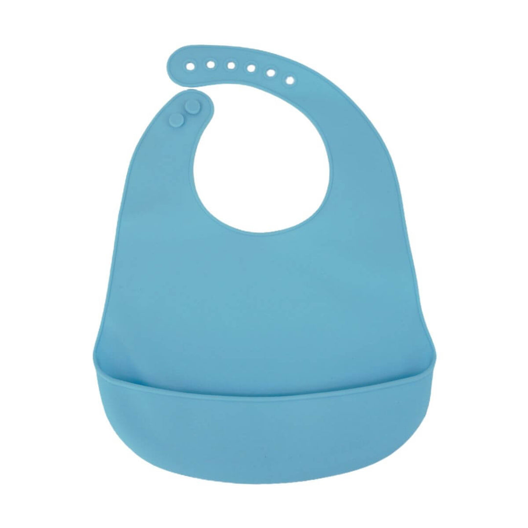 ORIGIN Silicone Bib in blue with deep catch pocket and adjustable neck buttons.