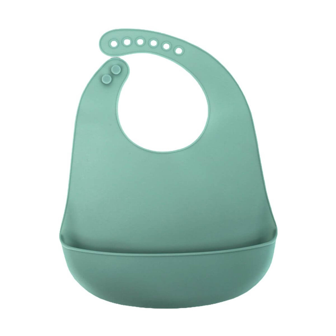 ORIGIN Silicone Bib in green with deep catch pocket and adjustable neck buttons.