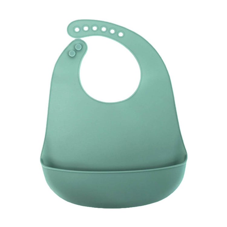 ORIGIN Silicone Bib in green with deep catch pocket and adjustable neck buttons.
