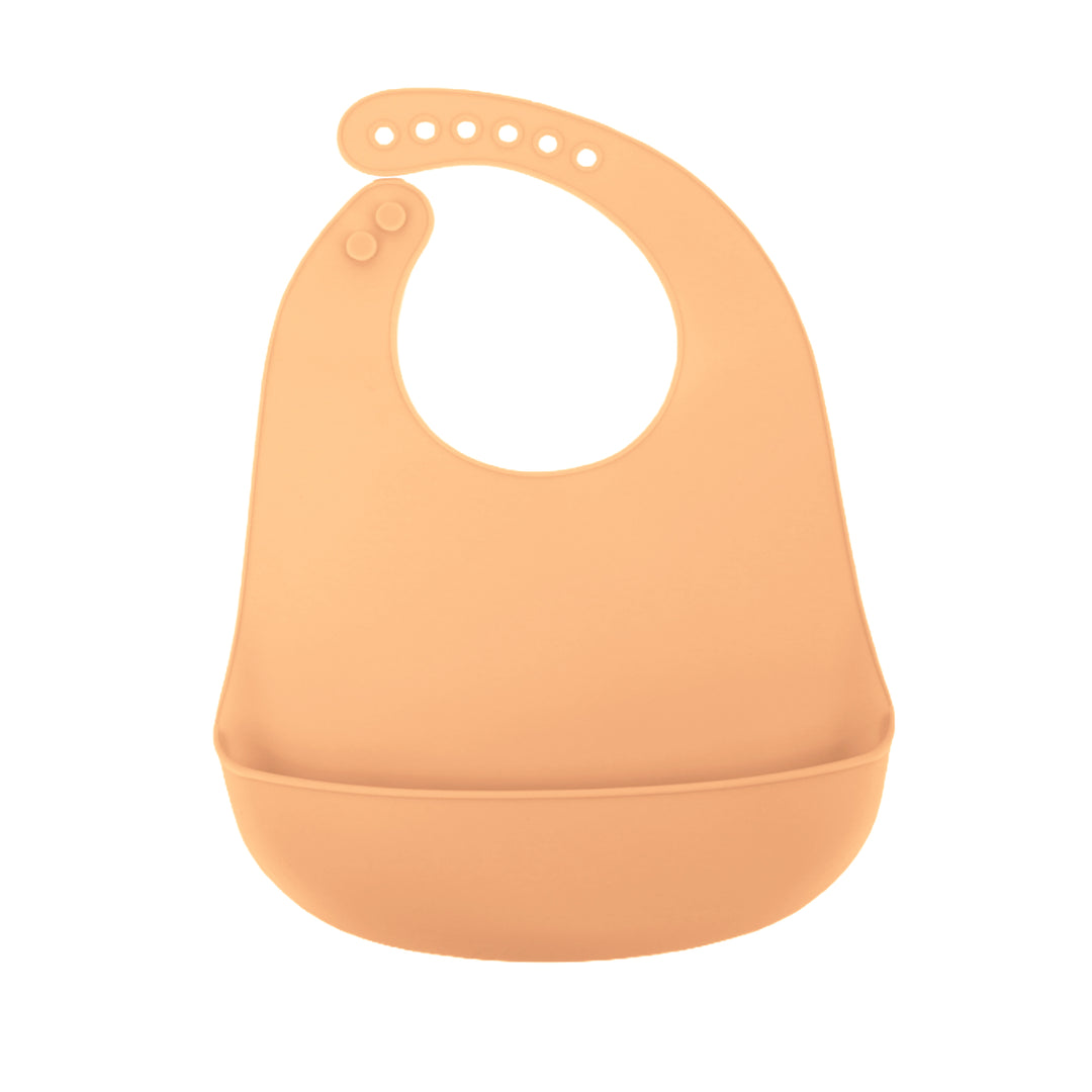 ORIGIN Silicone Bib in orange with deep catch pocket and adjustable neck buttons.