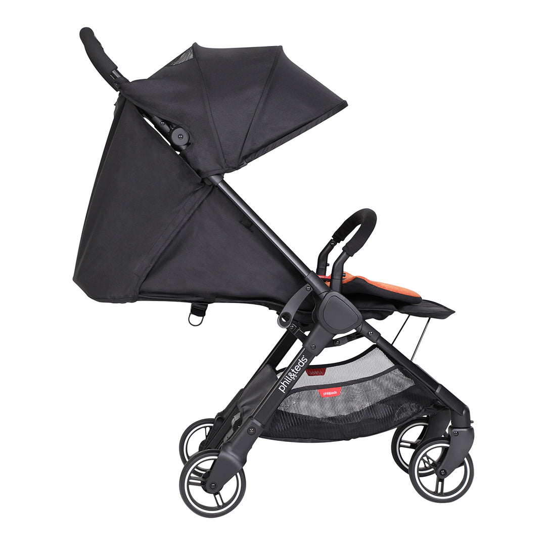 go™ 2020+ compact umbrella stroller with rust coloured liner from side angle lie flat recline