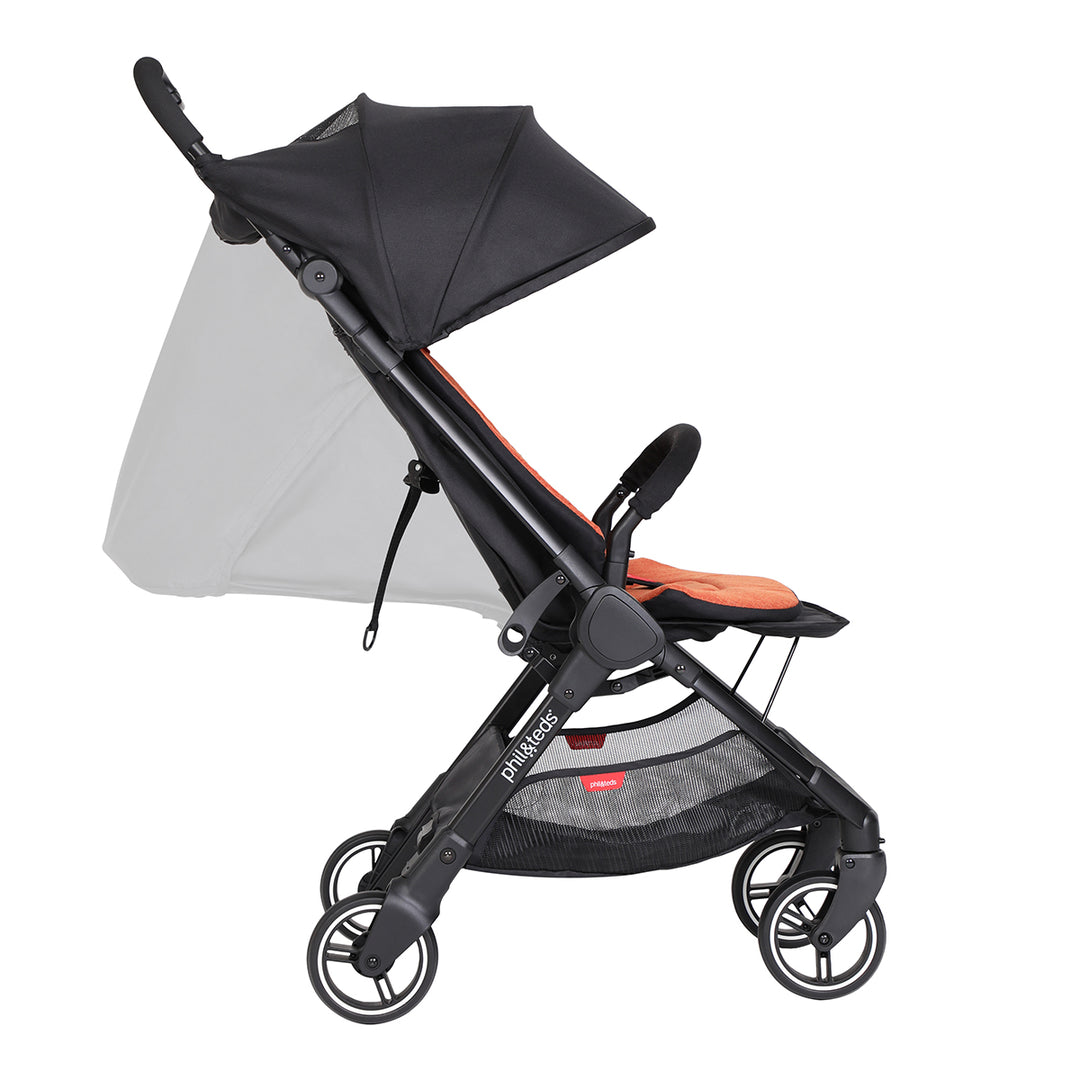 go™ 2020+ compact umbrella stroller with rust coloured liner from side angle lie flat ghosted