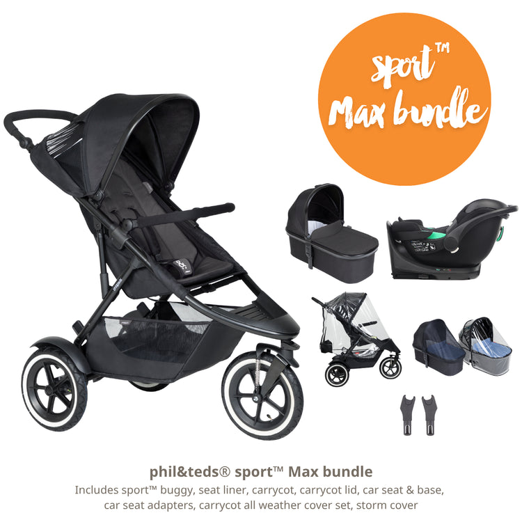 Phil&teds sport Max bundle with stroller, car seat, and accessories on a white background