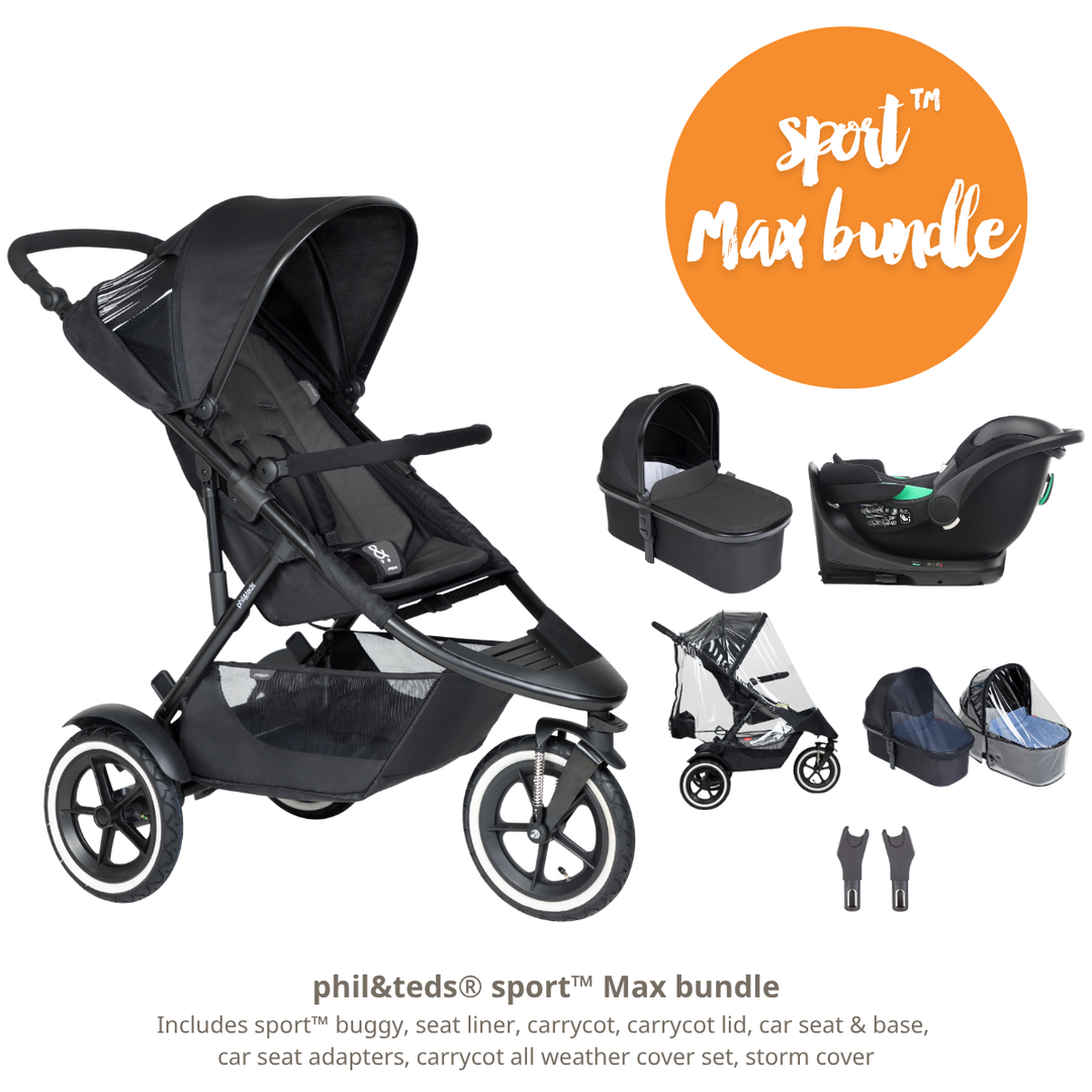 Phil&teds sport Max bundle with stroller, car seat, and accessories on a white background