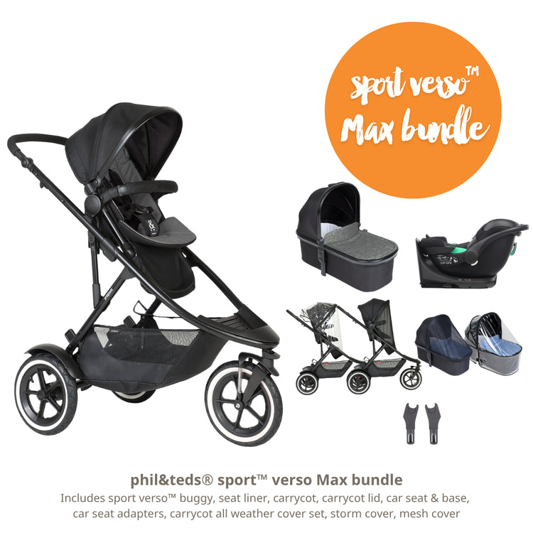 Phil&teds Sport Verso Max bundle with stroller and accessories on a white background