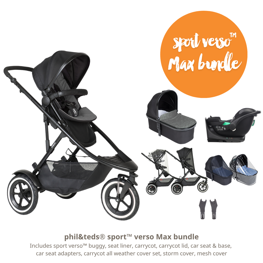 Phil&teds Sport Verso Max bundle with stroller and accessories on a white background